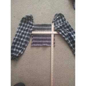 Black‎ White Plaid Smocked Square Neck Puff Sleeve Crop Top